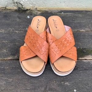 Biala brown leather woven slide sandals